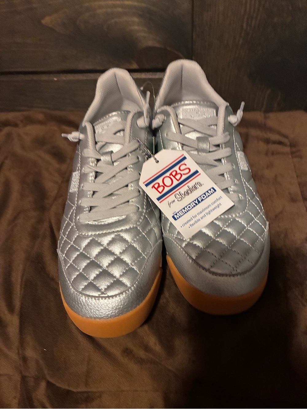 BOBS from Skechers Silver Quilted Sneakers, 100% vegan, new with tags, size 9.5